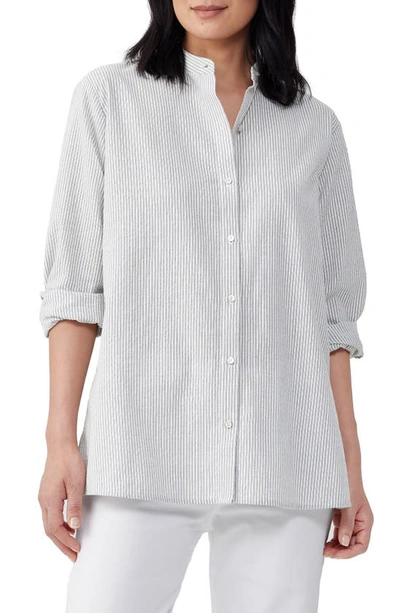 Shop Eileen Fisher Band Collar Organic Cotton Seersucker Button-up Shirt In White/ Black