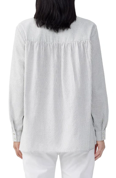 Shop Eileen Fisher Band Collar Organic Cotton Seersucker Button-up Shirt In White/ Black