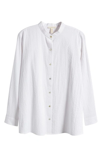 Shop Eileen Fisher Band Collar Organic Cotton Seersucker Button-up Shirt In White