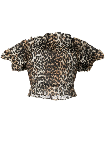 Shop Ganni Leopard-print Smocked Off-shoulder Top In Brown
