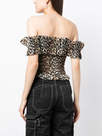 Shop Ganni Leopard-print Smocked Off-shoulder Top In Brown