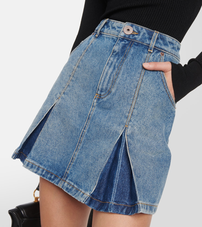 Shop Balmain Pleated Denim Mini Skirt In Blue