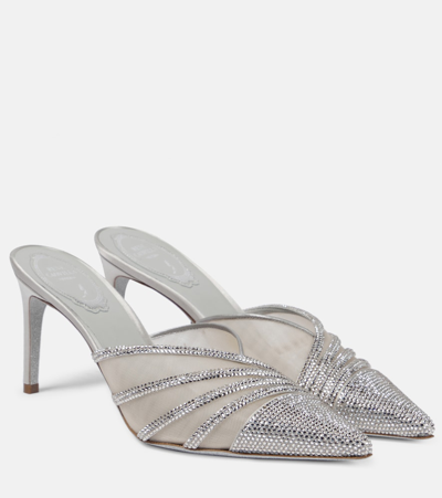 Shop René Caovilla Bridal Embellished Satin And Mesh Mules In White