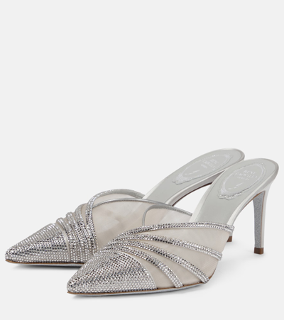 Shop René Caovilla Bridal Embellished Satin And Mesh Mules In White