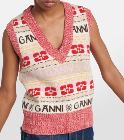 Shop Ganni Intarsia Wool-blend Sweater Vest In Multicoloured