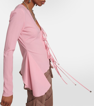 Shop Blumarine Ruffled Tie-front Wool-blend Blouse In Pink