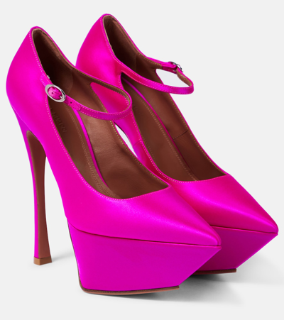 Shop Amina Muaddi Yigit Satin Platform Pumps In Pink