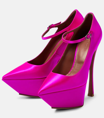 Shop Amina Muaddi Yigit Satin Platform Pumps In Pink