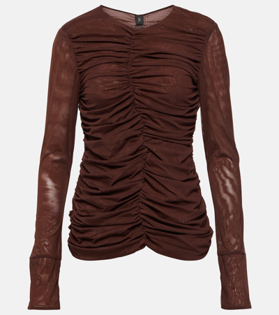 Sir Jacques Ruched Long Sleeve Mesh Top In Brown