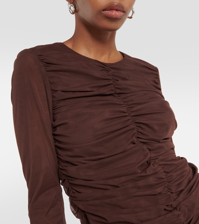 Sir Jacques Ruched Long Sleeve Mesh Top In Brown