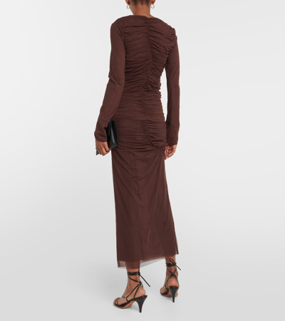 Sir Jacques Ruched Long Sleeve Mesh Top In Brown