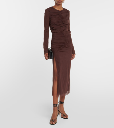 Sir Jacques Ruched Long Sleeve Mesh Top In Brown