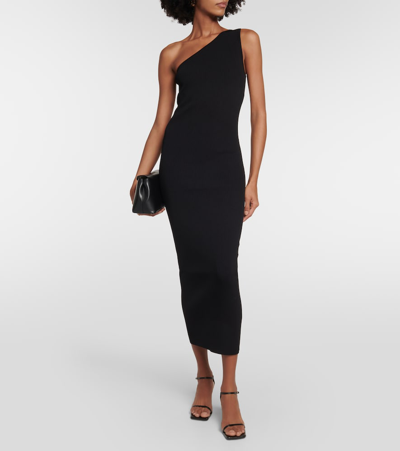 Shop Totême Ribbed-knit One-shoulder Midi Dress In Black