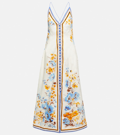 Shop Zimmermann Halcyon Printed Linen Midi Dress In Blue