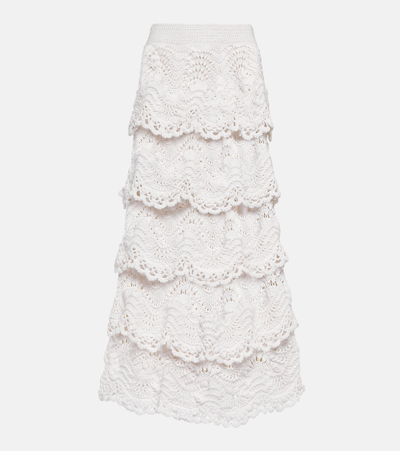 Shop Oscar De La Renta Tiered Crochet Cotton Midi Skirt In White