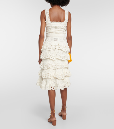 Shop Oscar De La Renta Tiered Crochet Cotton Midi Skirt In White