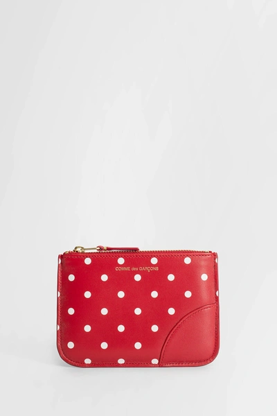 Comme Des Garçons Unisex Red Leather Polka Dot Wallet With Gold Zip In Red
