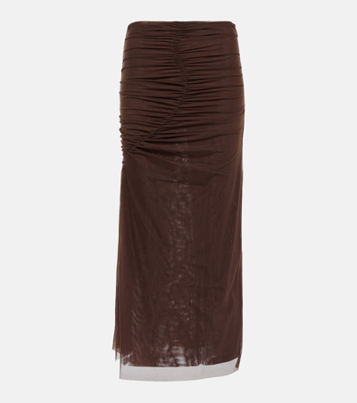 Shop Sir Jacques Gathered Mesh Midi Skirt In Brown