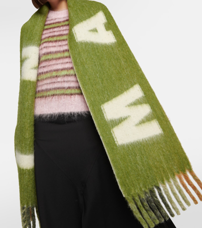 Shop Marni Logo Wool-blend Scarf In Green
