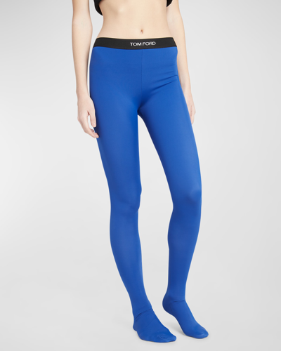 Shop Tom Ford Glossy Jersey Footed Leggings With Logo Band In Cobalt Blu