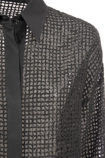 Shop Brunello Cucinelli Silk Dazzling Net Embroidery Shirt In Dark Grey