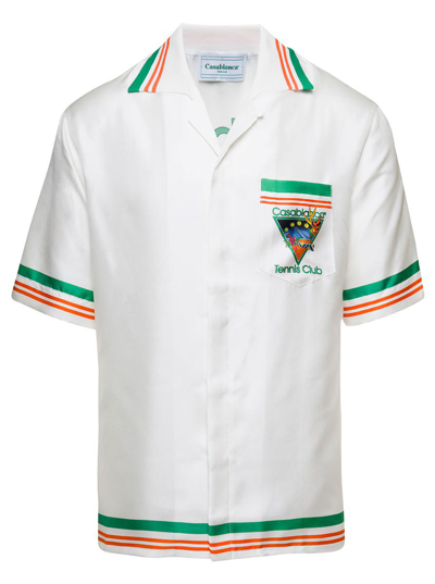 Shop Casablanca White Polo Shirt With Tennis Club Icon Print And Striped Trims In Silk Twill Man