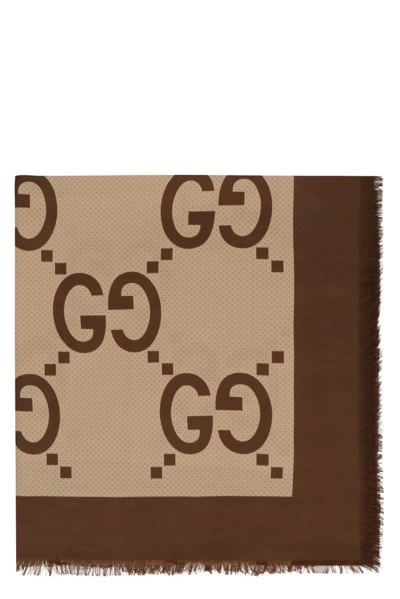 Shop Gucci Allover Gg Logo Fringed Edge Scarf In Multi