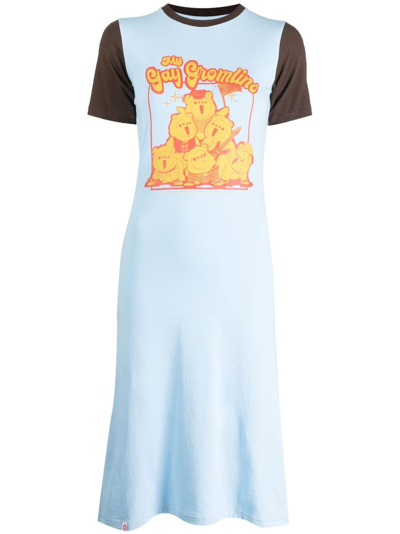 Shop Charles Jeffrey Loverboy Graphic-print Cotton Dress In Blue