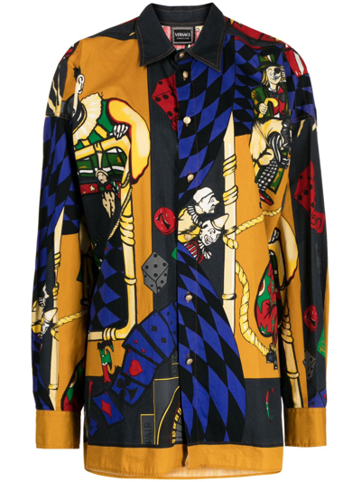 Pre-owned Versace 1990-2000s Clowns Print Shirt In Mustard, Blue