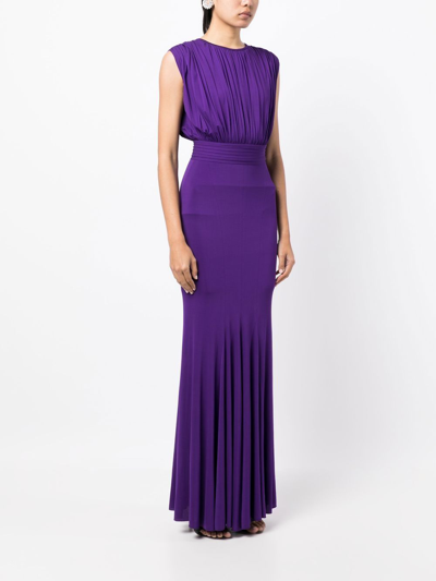 Shop Herve L Leroux High-neck Draped Fishtail Gown In Purple
