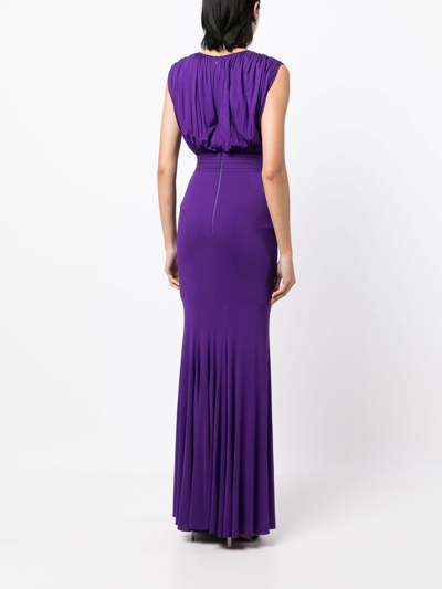 Shop Herve L Leroux High-neck Draped Fishtail Gown In Purple