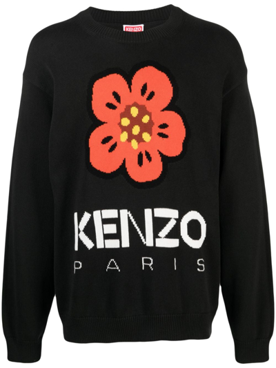 Shop Kenzo Boke Flower-intarsia Cotton Jumper In Black