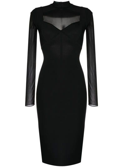 Shop Herve L Leroux Sheer-panel Long-sleeved Dress In Black