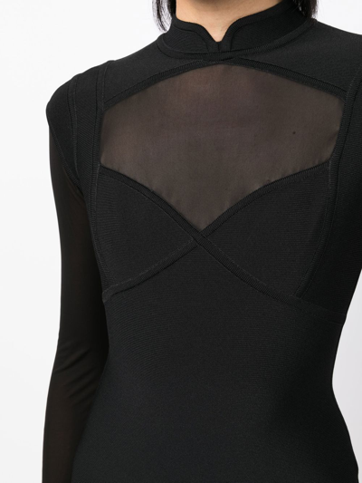 Herve L Leroux Sheer-panel Long-sleeved Dress In Black