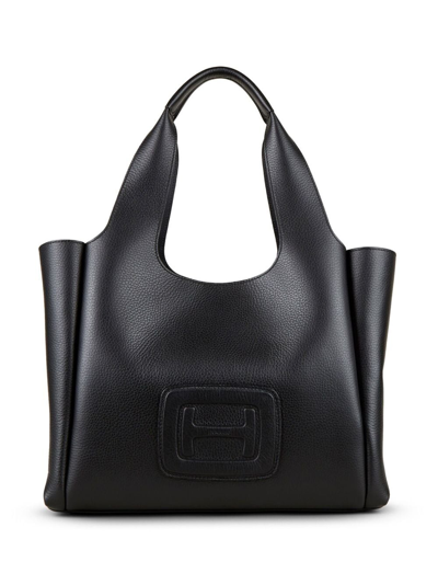 Shop Hogan Medium H-logo Leather Tote Bag In Black