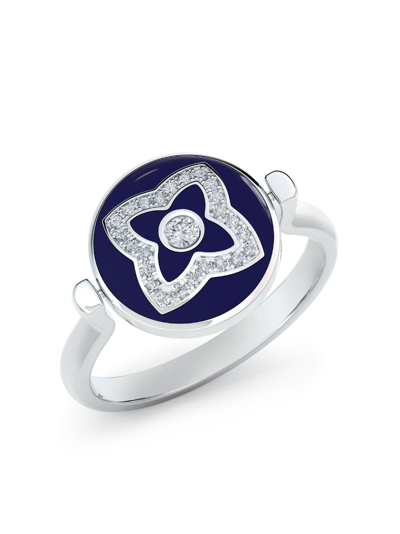 Shop De Beers Jewellers 18kt White Gold Enchanted Lotus Diamond And Enamel Ring In Blue
