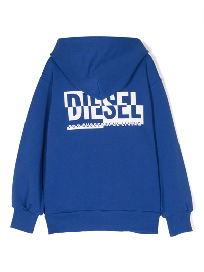Shop Diesel Logo-print Zipped Cotton Hoodie In Blue