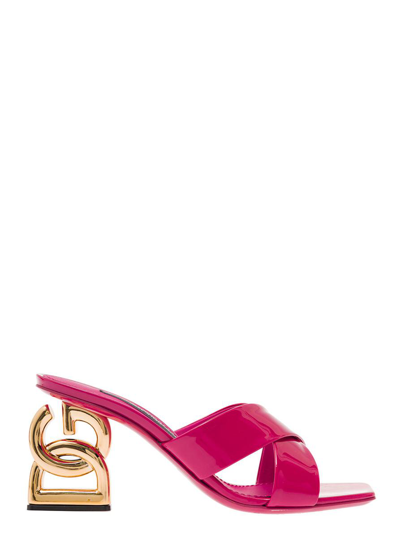 Shop Dolce & Gabbana Fuchsia Mules With Dg Logo Heel In Patent Leather Woman In Pink