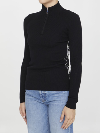 Shop Moncler Wool Zip-up Polo Neck Jumper In Black