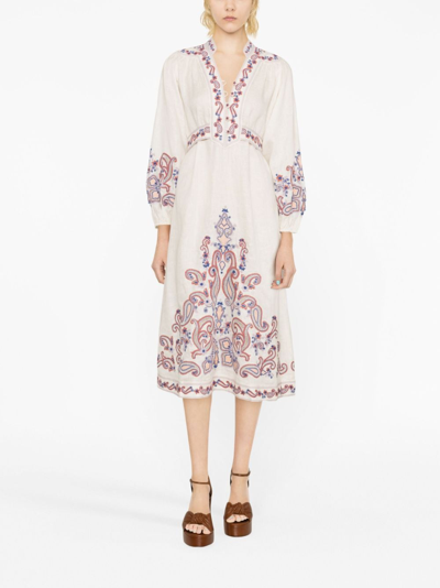 Zimmermann Devi Embroidered Long Sleeve Wrap Linen Midi Dress In Multi