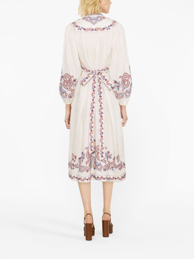 Zimmermann Devi Embroidered Long Sleeve Wrap Linen Midi Dress In Multi