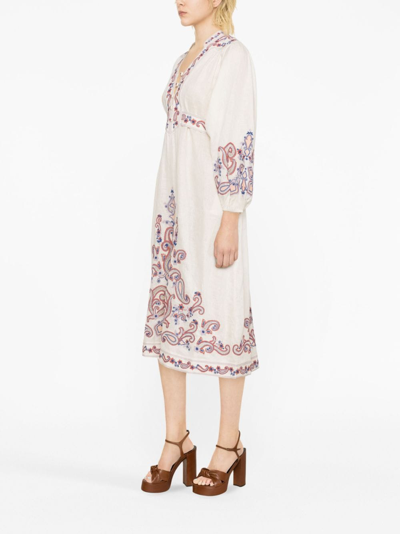 Zimmermann Devi Embroidered Long Sleeve Wrap Linen Midi Dress In Multi