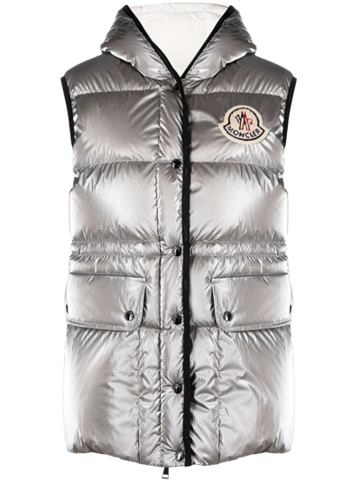 Shop Moncler Hera Hooded Down Gilet In Silver