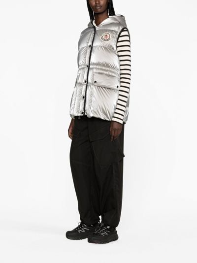 Shop Moncler Hera Hooded Down Gilet In Silver