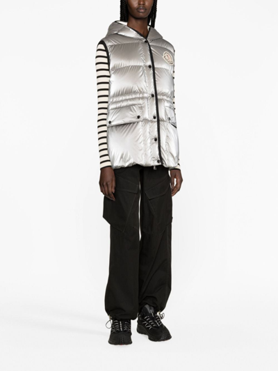 Shop Moncler Hera Hooded Down Gilet In Silver