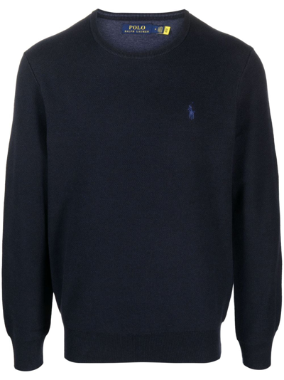 Shop Polo Ralph Lauren Embroidered-logo Long-sleeve Cotton Jumper In Blue