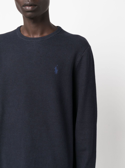 Shop Polo Ralph Lauren Embroidered-logo Long-sleeve Cotton Jumper In Blue