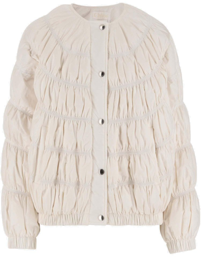 Shop Chloé Ruched Puffer Jacket In Beige