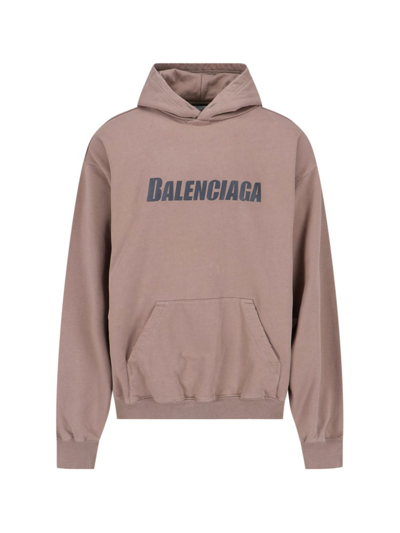 Shop Balenciaga Logo Printed Distressed Hoodie In Beige