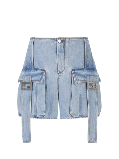 Shop Fendi Ff Baguette Buckled Denim Shorts In Blue
